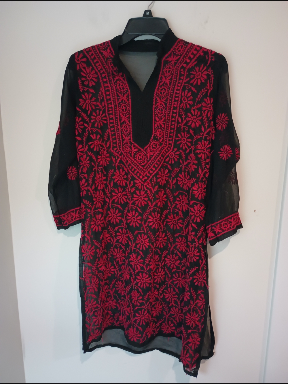 Boho Sheer Black & Magenta Pink Hand Embroidered Floral Tunic Dress, Size M
